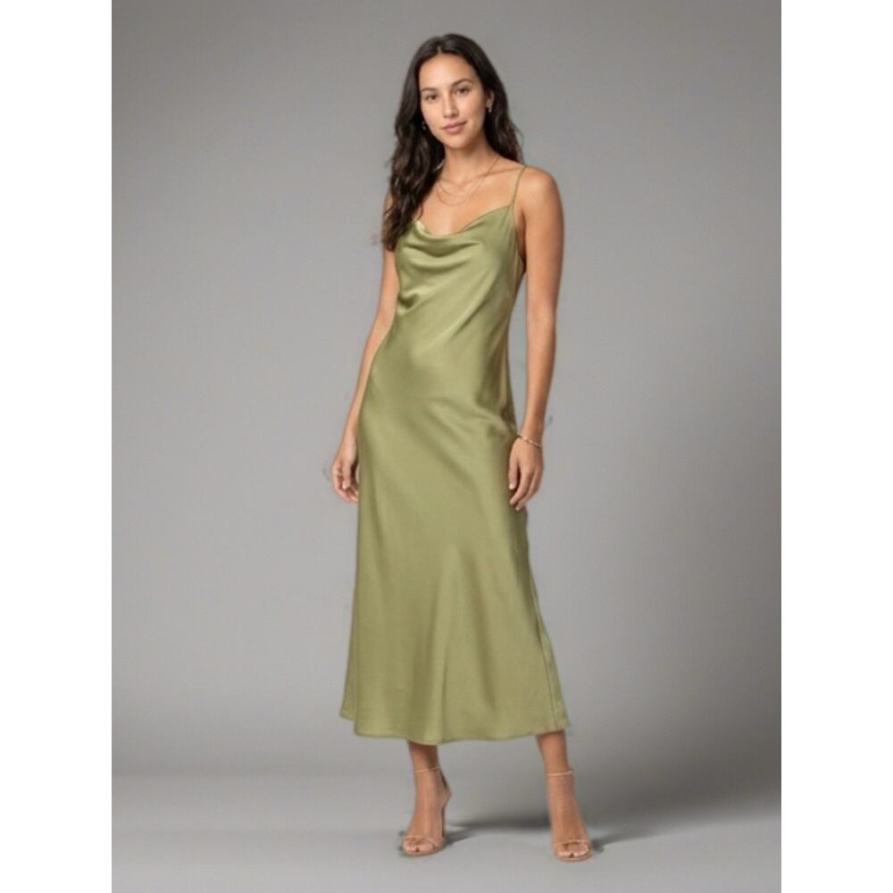 LuLus Olive Green Satin Inspired Slip Midi Dress NWOT Large